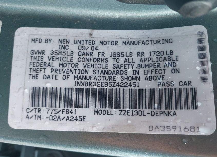 Photo 9 of 2005 Toyota Corolla LE (VIN 1NXBR32E95Z422451)