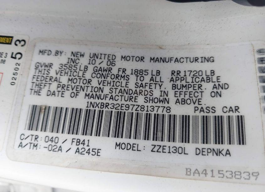 Photo 9 of 2007 Toyota Corolla LE (VIN 1NXBR32E97Z813778)