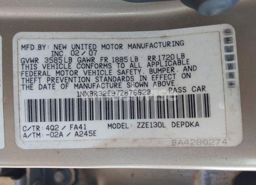 Photo 9 of 2007 Toyota Corolla CE (VIN 1NXBR32E97Z876623)