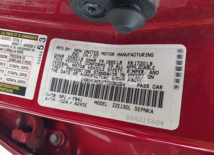 Photo 9 of 2007 Toyota Corolla LE (VIN 1NXBR32E97Z909524)