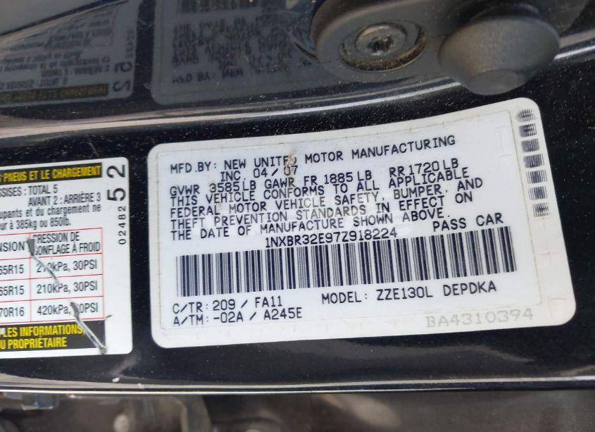 Photo 9 of 2007 Toyota Corolla CE/LE/S (VIN 1NXBR32E97Z918224)