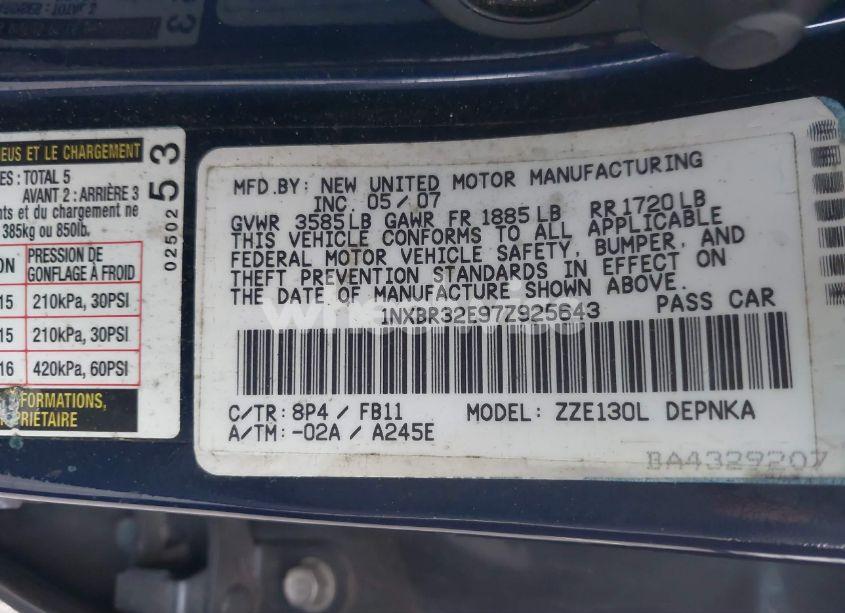 Photo 9 of 2007 Toyota Corolla LE (VIN 1NXBR32E97Z925643)