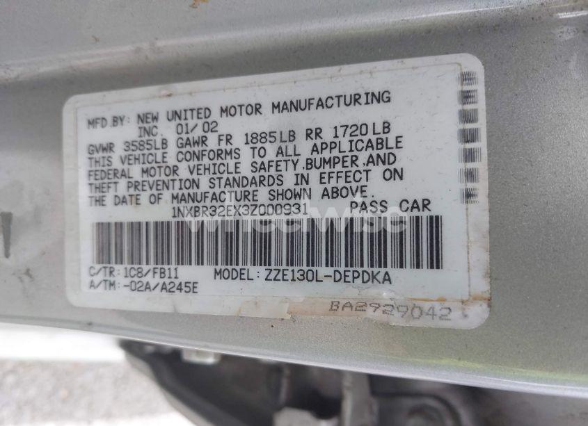 Photo 9 of 2003 Toyota Corolla CE (VIN 1NXBR32EX3Z000931)