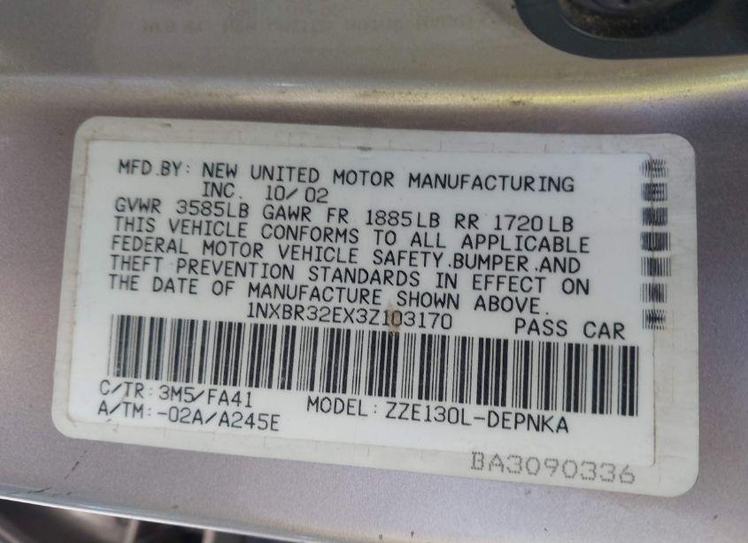 Photo 9 of 2003 Toyota Corolla LE (VIN 1NXBR32EX3Z103170)