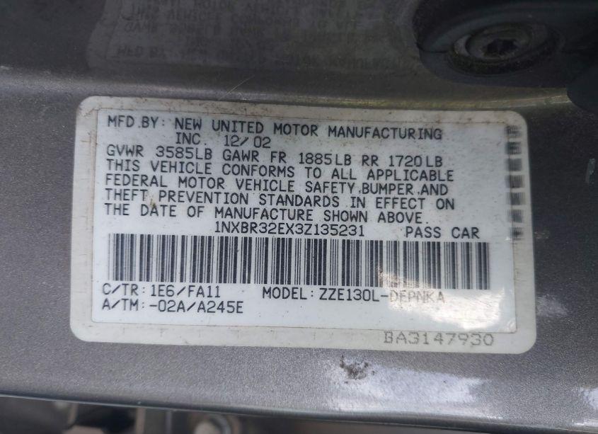 Photo 9 of 2003 Toyota Corolla LE (VIN 1NXBR32EX3Z135231)