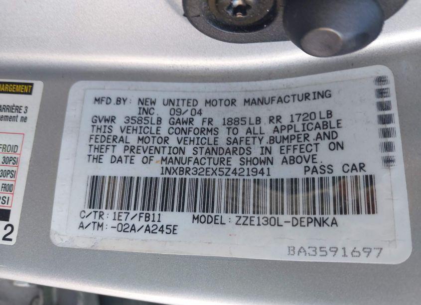 Photo 9 of 2005 Toyota Corolla LE (VIN 1NXBR32EX5Z421941)