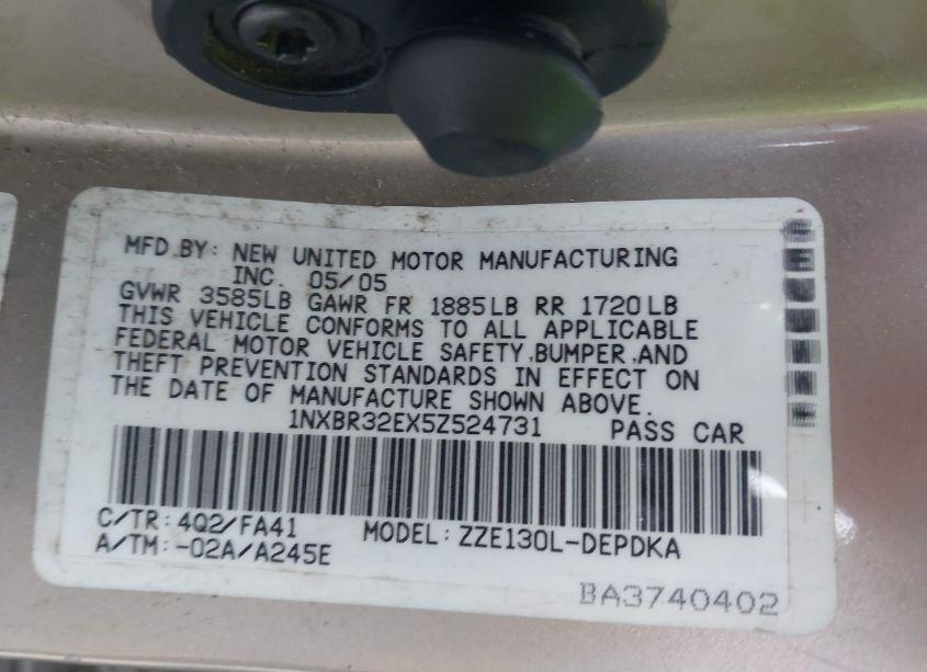 Photo 9 of 2005 Toyota Corolla CE (VIN 1NXBR32EX5Z524731)