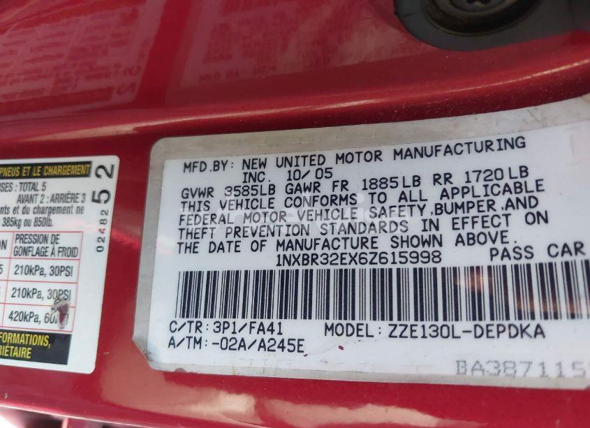 Photo 8 of 2006 Toyota Corolla CE (VIN 1NXBR32EX6Z615998)