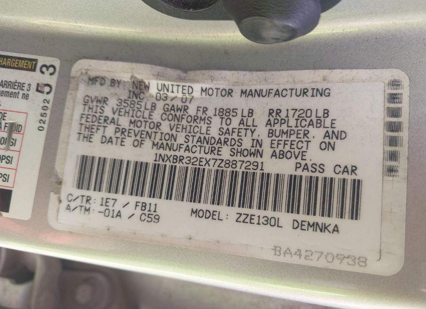 Photo 9 of 2007 Toyota Corolla LE (VIN 1NXBR32EX7Z887291)