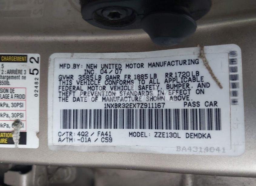 Photo 9 of 2007 Toyota Corolla CE (VIN 1NXBR32EX7Z911167)