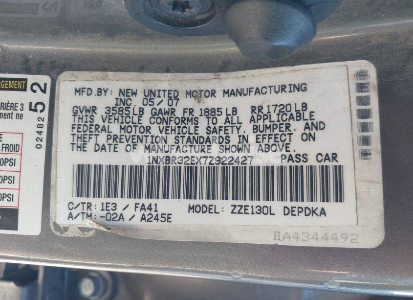 Photo 9 of 2007 Toyota Corolla CE (VIN 1NXBR32EX7Z922427)