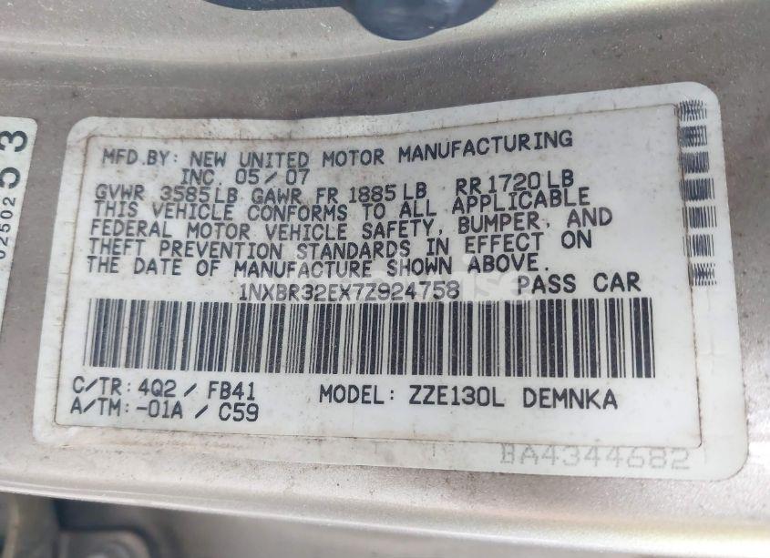 Photo 9 of 2007 Toyota Corolla LE (VIN 1NXBR32EX7Z924758)