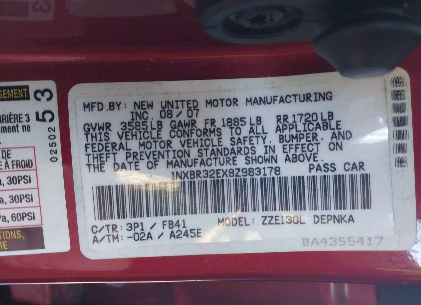 Photo 9 of 2008 Toyota Corolla LE (VIN 1NXBR32EX8Z983178)