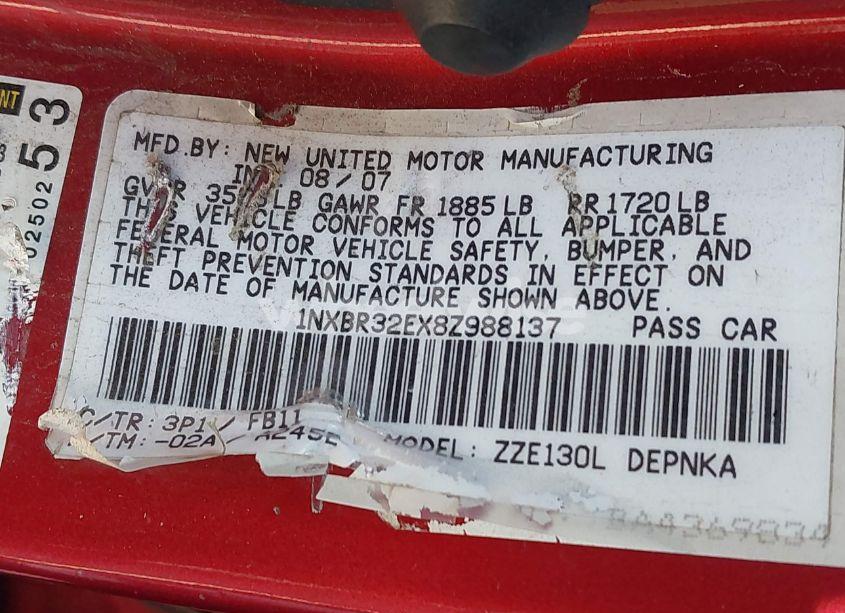 Photo 9 of 2008 Toyota Corolla LE (VIN 1NXBR32EX8Z988137)