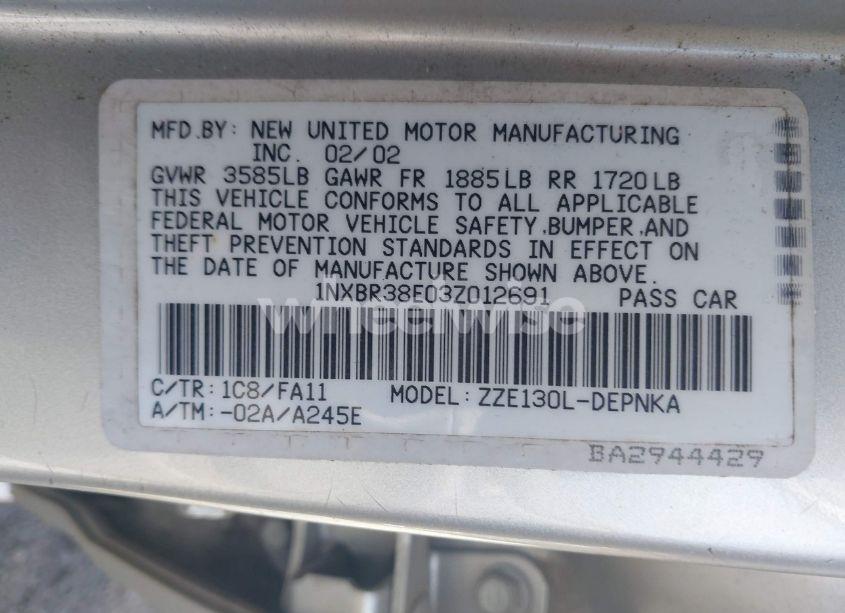 Photo 9 of 2003 Toyota Corolla CE/LE/S (VIN 1NXBR38E03Z012691)