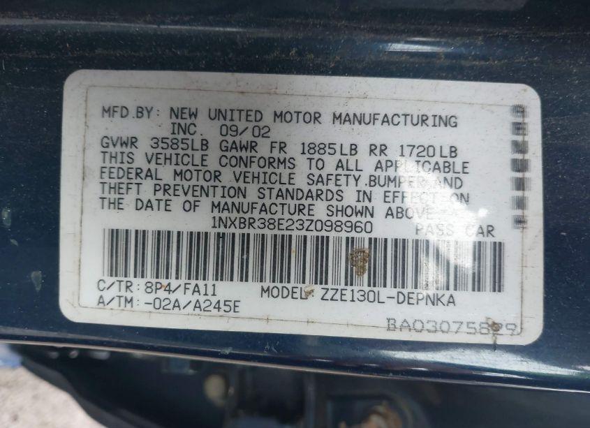 Photo 9 of 2003 Toyota Corolla LE (VIN 1NXBR38E23Z098960)