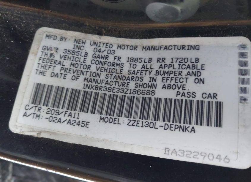 Photo 9 of 2003 Toyota Corolla LE (VIN 1NXBR38E33Z186688)