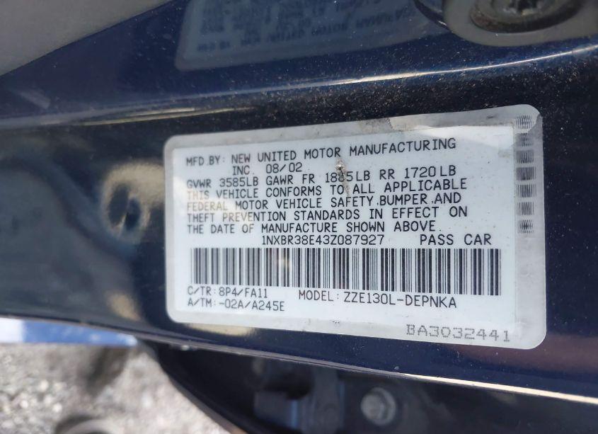 Photo 9 of 2003 Toyota Corolla LE (VIN 1NXBR38E43Z087927)