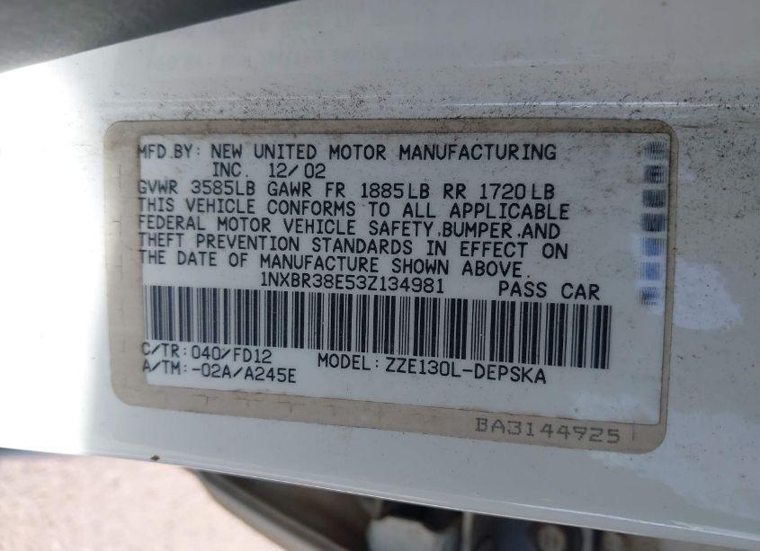 Photo 9 of 2003 Toyota Corolla S (VIN 1NXBR38E53Z134981)