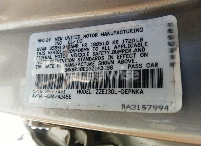 Photo 9 of 2003 Toyota Corolla LE (VIN 1NXBR38E93Z143098)