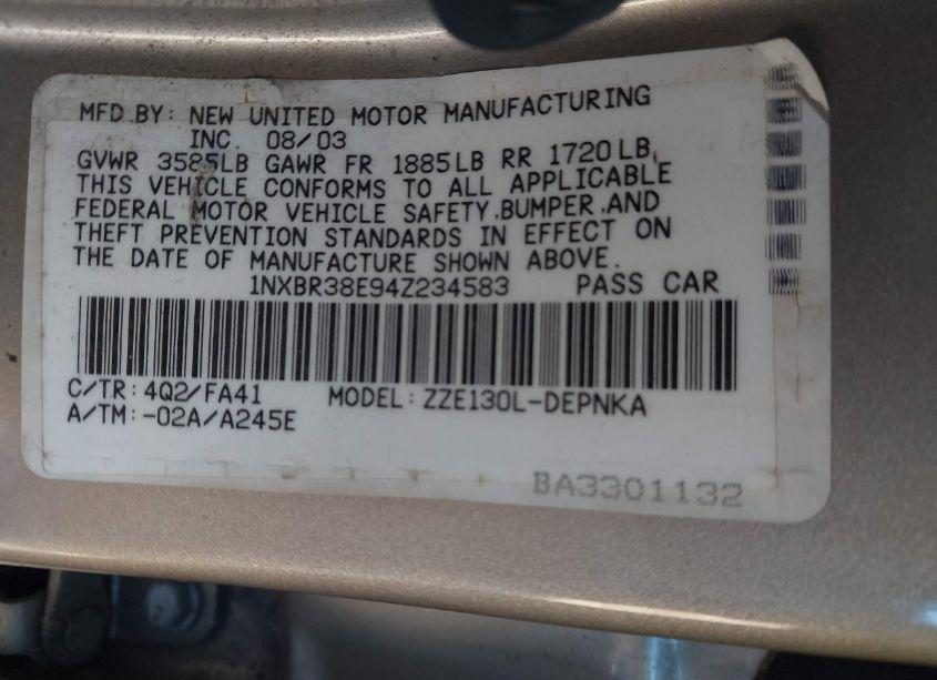 Photo 9 of 2004 Toyota Corolla LE (VIN 1NXBR38E94Z234583)