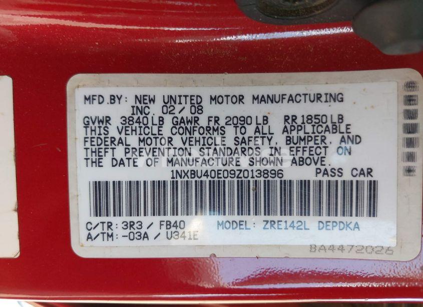 Photo 9 of 2009 Toyota Corolla LE (VIN 1NXBU40E09Z013896)