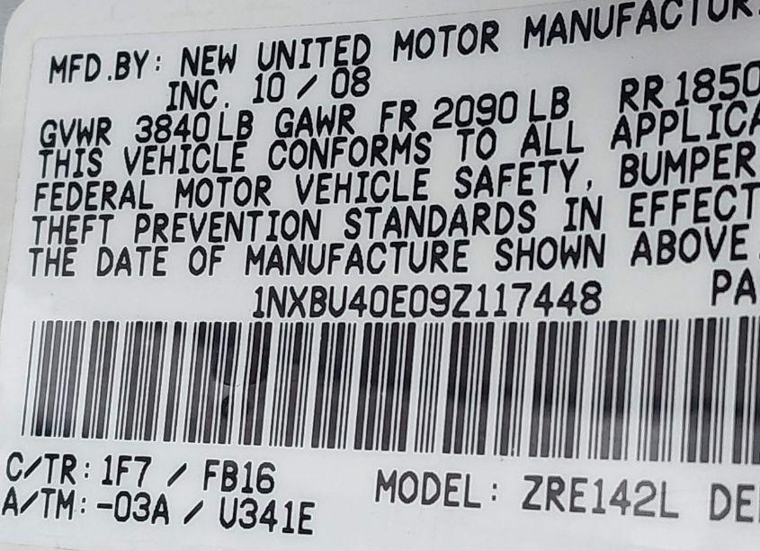 Photo 9 of 2009 Toyota Corolla LE (VIN 1NXBU40E09Z117448)