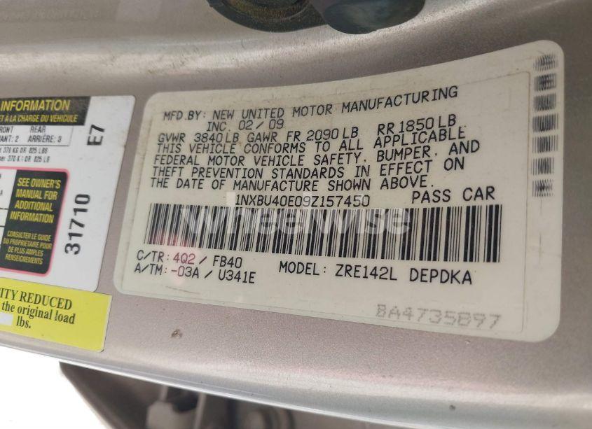Photo 9 of 2009 Toyota Corolla LE (VIN 1NXBU40E09Z157450)