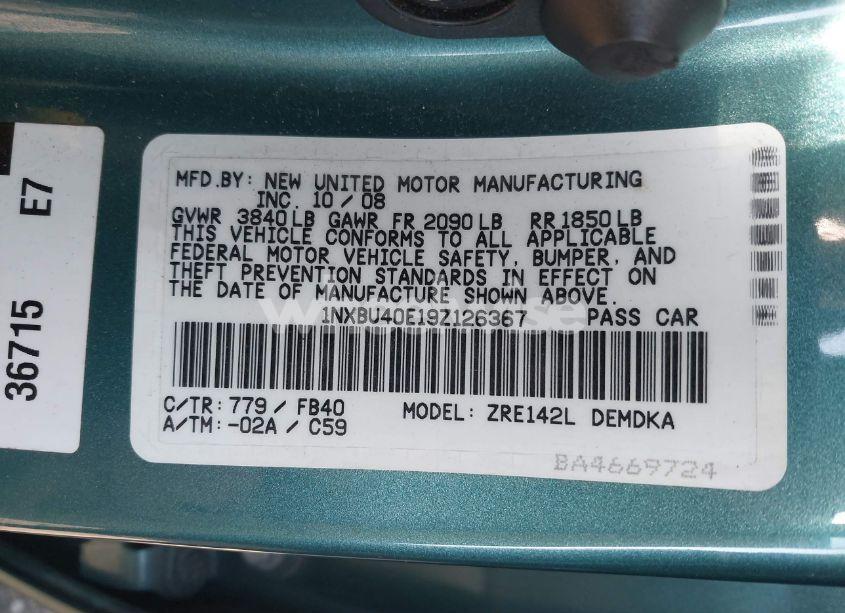 Photo 9 of 2009 Toyota Corolla (VIN 1NXBU40E19Z126367)