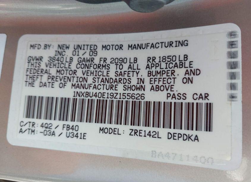 Photo 9 of 2009 Toyota Corolla LE (VIN 1NXBU40E19Z155626)