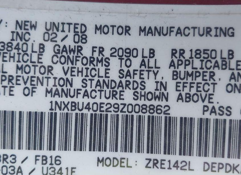 Photo 9 of 2009 Toyota Corolla LE (VIN 1NXBU40E29Z008862)