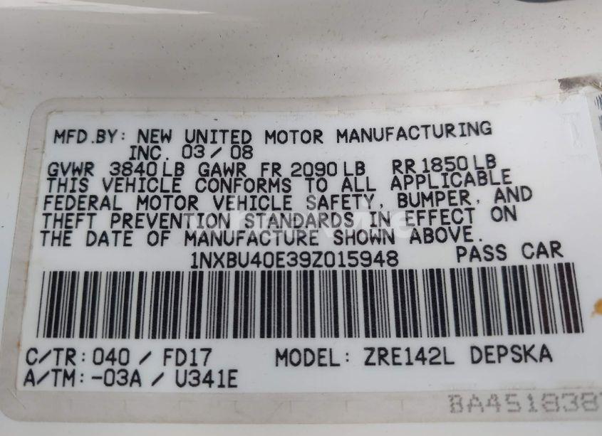 Photo 9 of 2009 Toyota Corolla LE/S/XLE (VIN 1NXBU40E39Z015948)