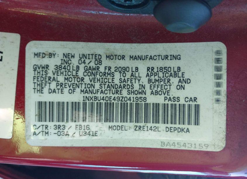 Photo 9 of 2009 Toyota Corolla LE (VIN 1NXBU40E49Z041958)