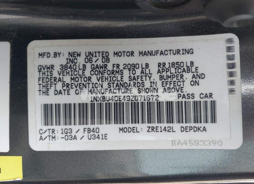 Photo 9 of 2009 Toyota Corolla LE (VIN 1NXBU40E49Z071672)