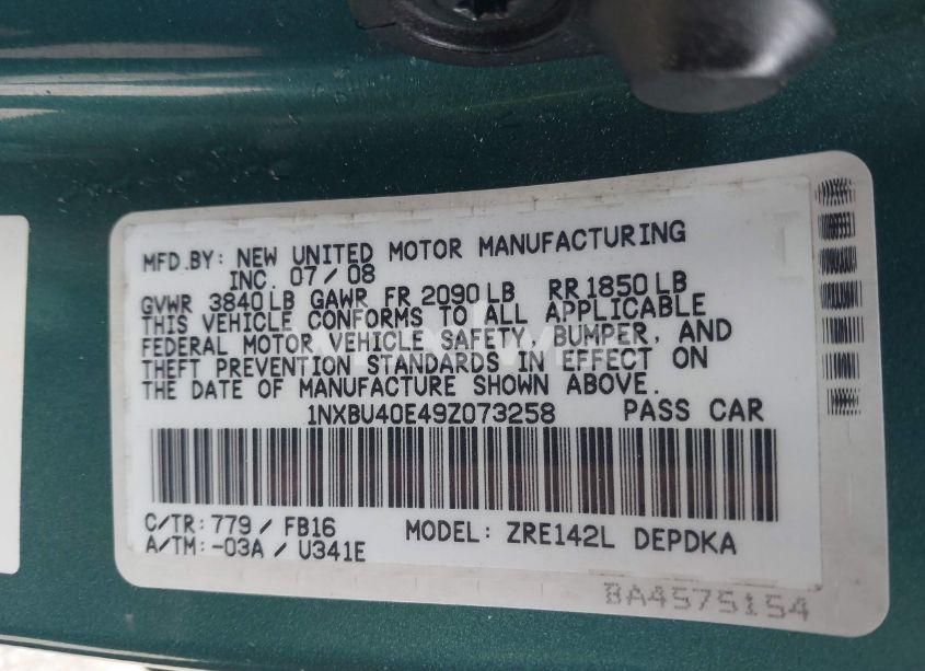 Photo 9 of 2009 Toyota Corolla LE (VIN 1NXBU40E49Z073258)