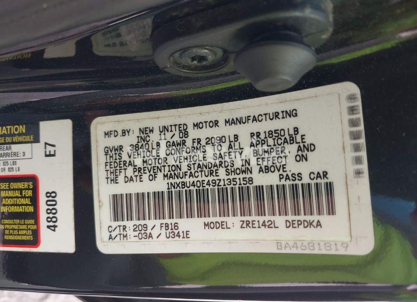 Photo 9 of 2009 Toyota Corolla LE (VIN 1NXBU40E49Z135158)