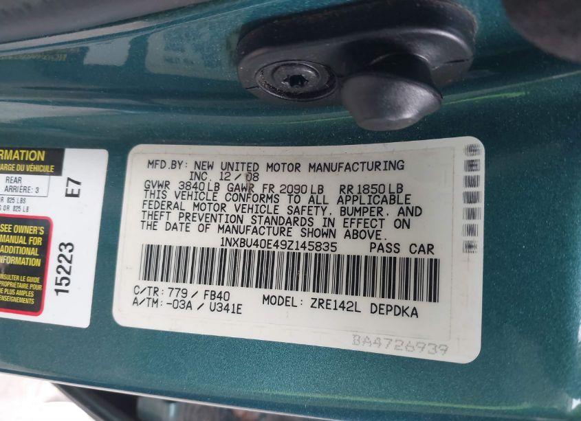 Photo 9 of 2009 Toyota Corolla LE (VIN 1NXBU40E49Z145835)