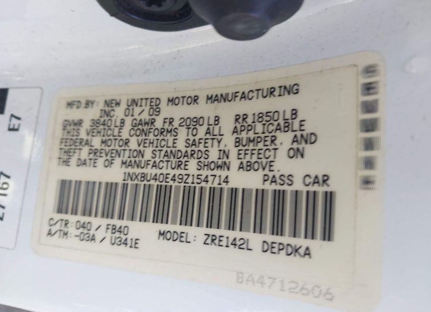 Photo 9 of 2009 Toyota Corolla LE (VIN 1NXBU40E49Z154714)