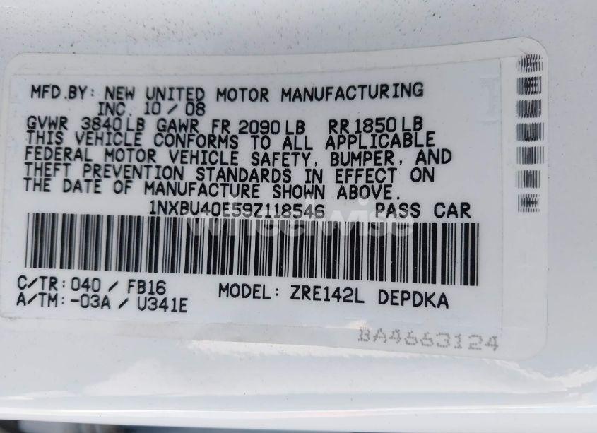 Photo 9 of 2009 Toyota Corolla LE (VIN 1NXBU40E59Z118546)