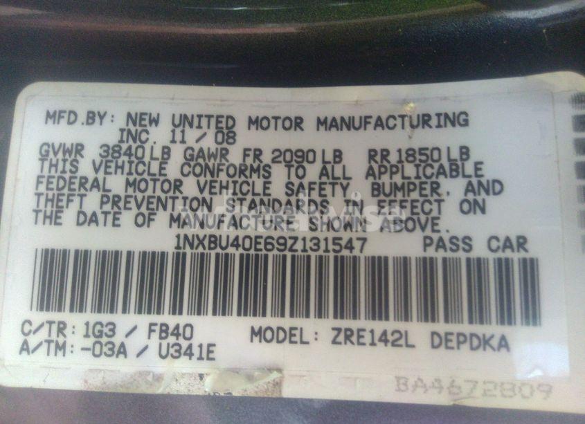 Photo 9 of 2009 Toyota Corolla LE (VIN 1NXBU40E69Z131547)