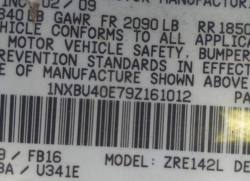 Photo 9 of 2009 Toyota Corolla LE (VIN 1NXBU40E79Z161012)