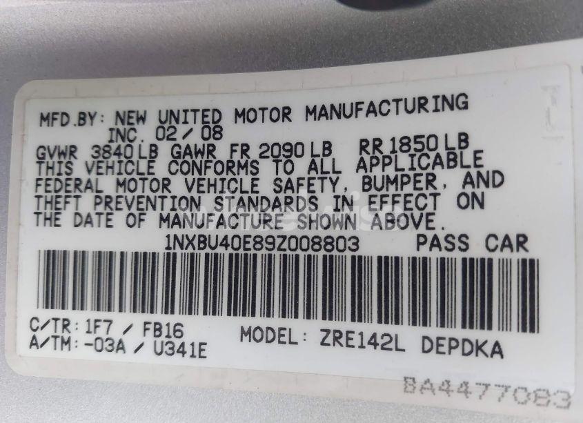 Photo 9 of 2009 Toyota Corolla LE (VIN 1NXBU40E89Z008803)