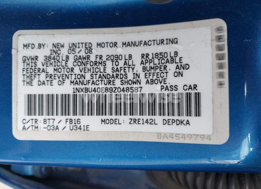 Photo 9 of 2009 Toyota Corolla LE (VIN 1NXBU40E89Z048587)