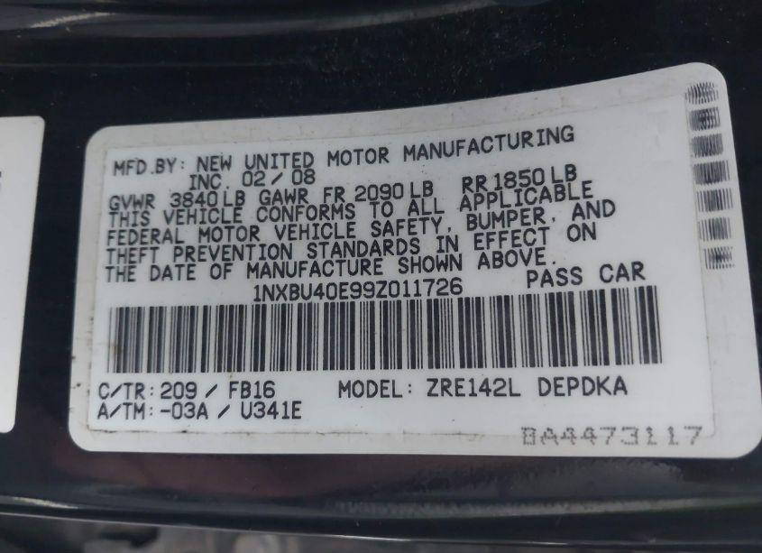 Photo 9 of 2009 Toyota Corolla LE (VIN 1NXBU40E99Z011726)