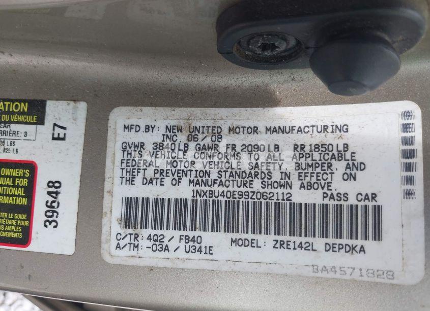 Photo 9 of 2009 Toyota Corolla LE/S/XLE (VIN 1NXBU40E99Z062112)