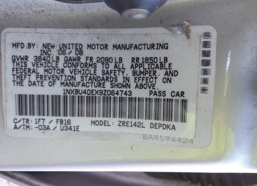 Photo 9 of 2009 Toyota Corolla LE (VIN 1NXBU40EX9Z064743)