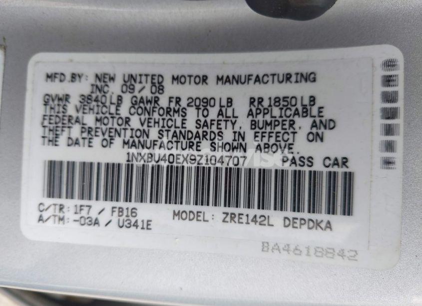 Photo 9 of 2009 Toyota Corolla LE (VIN 1NXBU40EX9Z104707)