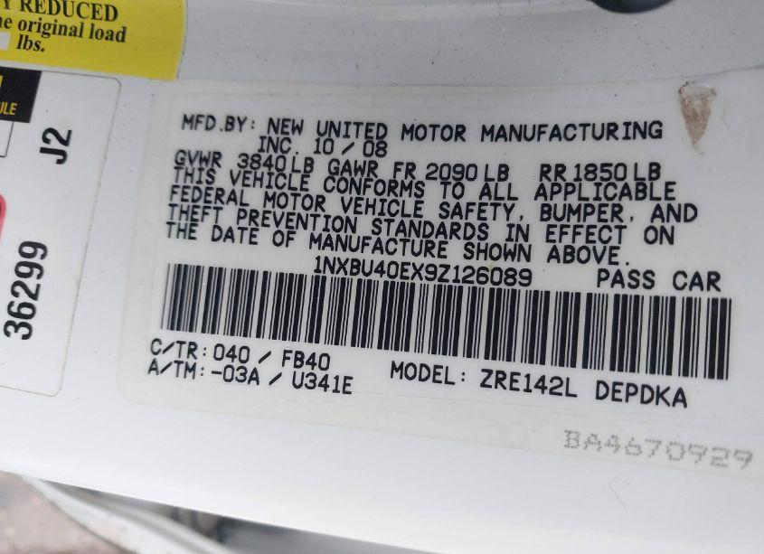 Photo 9 of 2009 Toyota Corolla LE (VIN 1NXBU40EX9Z126089)