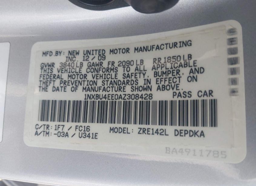 Photo 9 of 2010 Toyota Corolla LE (VIN 1NXBU4EE0AZ308428)