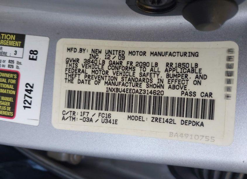 Photo 9 of 2010 Toyota Corolla LE (VIN 1NXBU4EE0AZ314620)